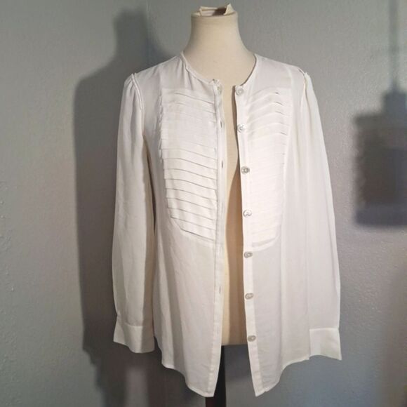 Tory Burch Cream Button Down Mandarin Collar Top Size 6 - Picture 7 of 11